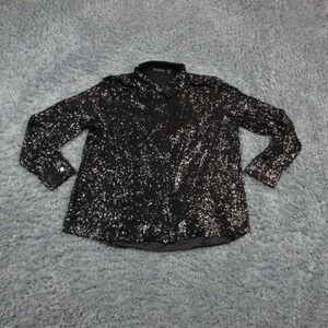Susan Graver Occasions Shirt Womens M Black Tunic Long Sleeve Collared Sequin